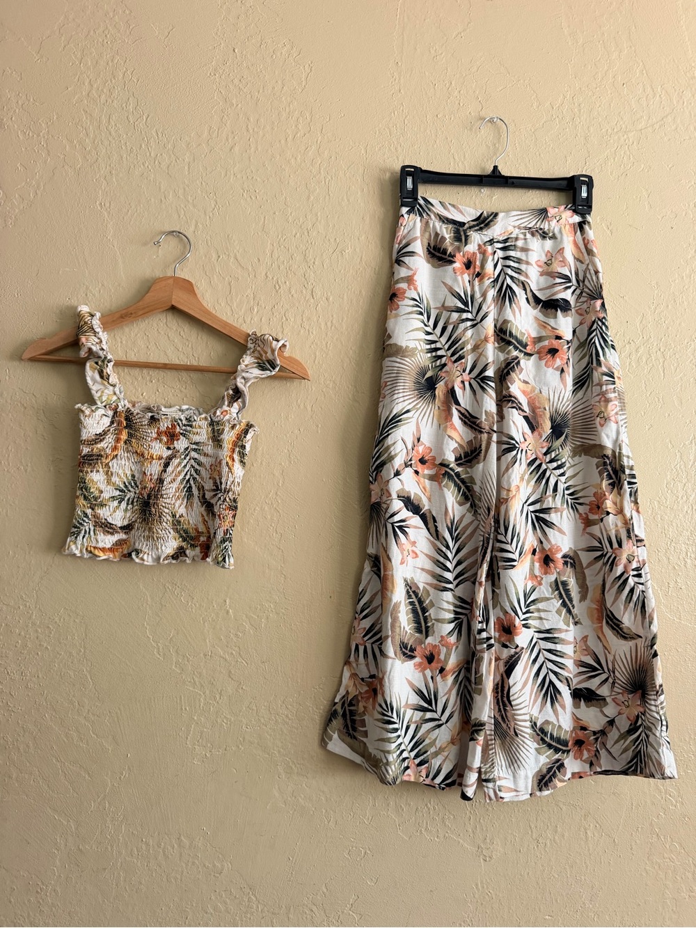 Floral Wide-Leg Pants and Cropped Top - Cream with Green & Peach Floral Print